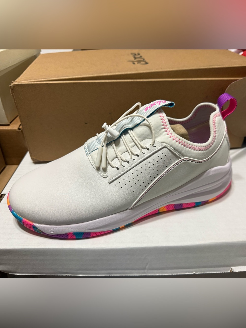 NWT Clove Women's White Slip-On Sneakers with Pink Trim and Rainbow Accents W11